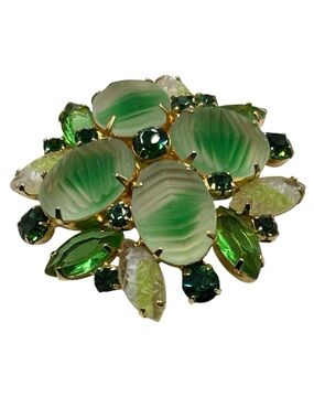 Vintage Green Molded Art Glass Rhinestone Brooch